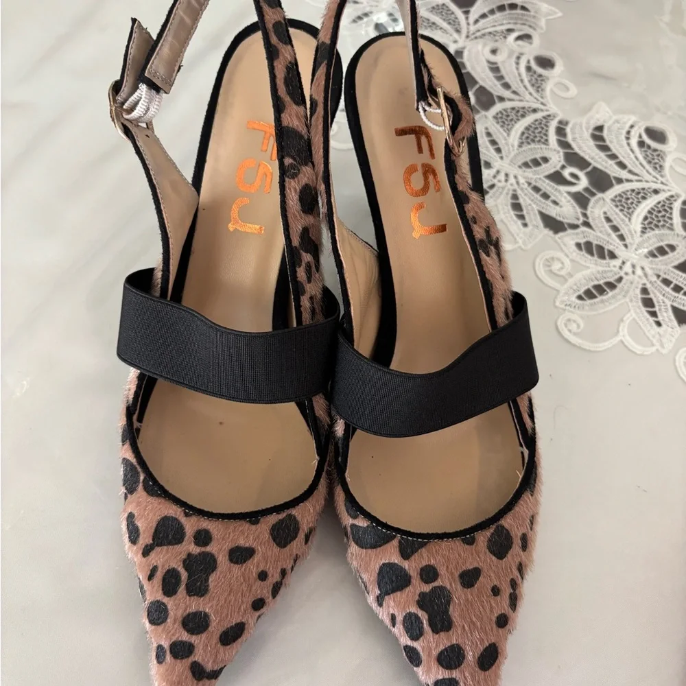 FSJ Tan and Black Leopard Slingback Heel Pumps Sz 8